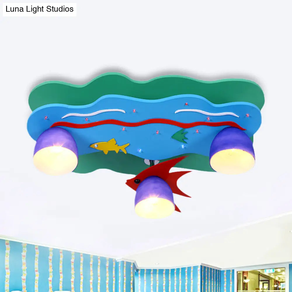 Kids Wood Multi-Color Ceiling Mount Light With Fish - 3 Sea Fixture For Living Room