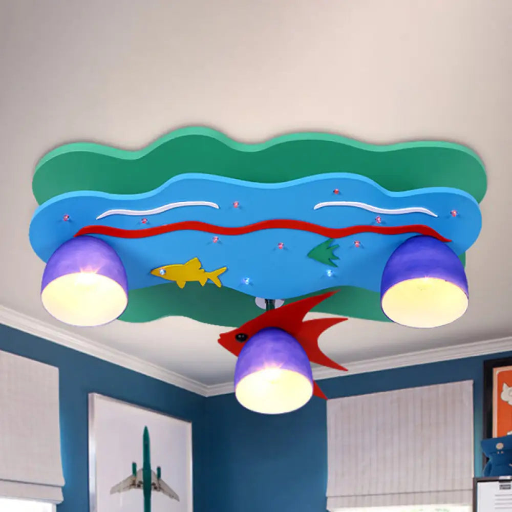 Kids Wood Multi-Color Ceiling Mount Light With Fish - 3 Sea Fixture For Living Room Aqua