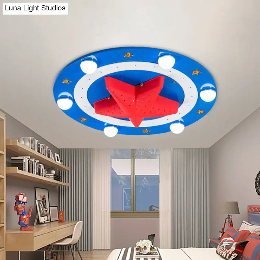 Kids Wood Round Flush Mount Lamp: 6-Head Blue Ceiling Fixture With Red Starfish Shade