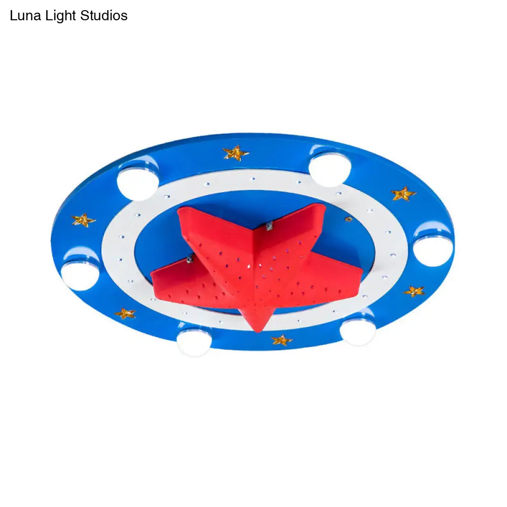 Kids Wood Round Flush Mount Lamp: 6-Head Blue Ceiling Fixture With Red Starfish Shade