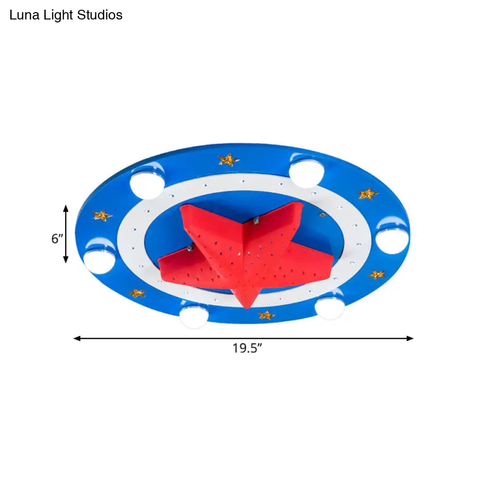 Kids Wood Round Flush Mount Lamp: 6-Head Blue Ceiling Fixture With Red Starfish Shade