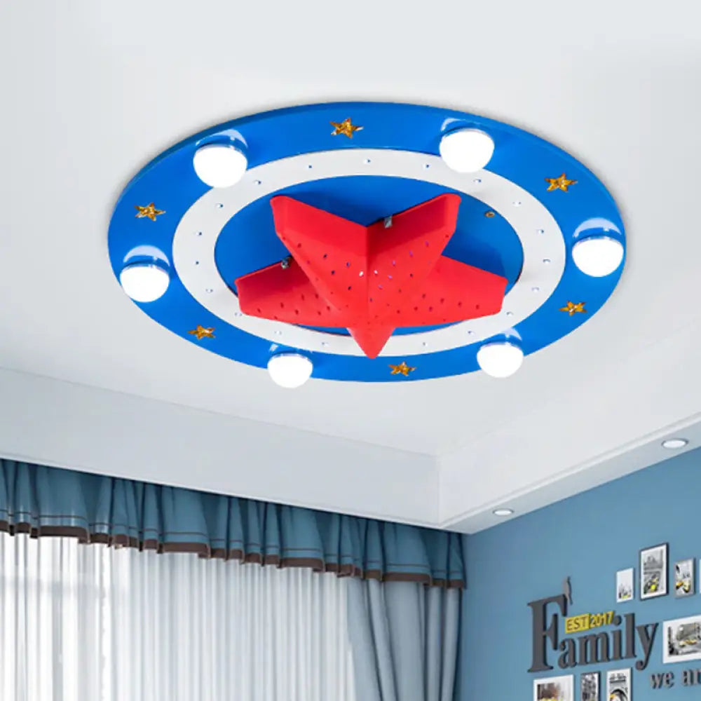 Kids Wood Round Flush Mount Lamp: 6-Head Blue Ceiling Fixture With Red Starfish Shade