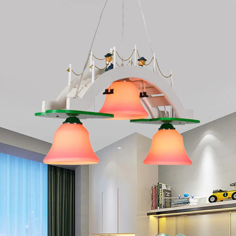 Kids Wooden Bridge Pink Glass Bell Chandelier Pendant - 3-Light Down Lighting