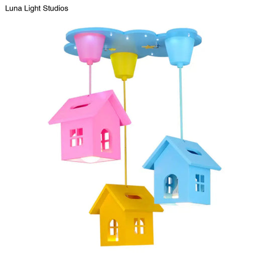 Kids Wooden House-Shaped Pendant Light - Blue With 3 Bulbs Nursery Lighting