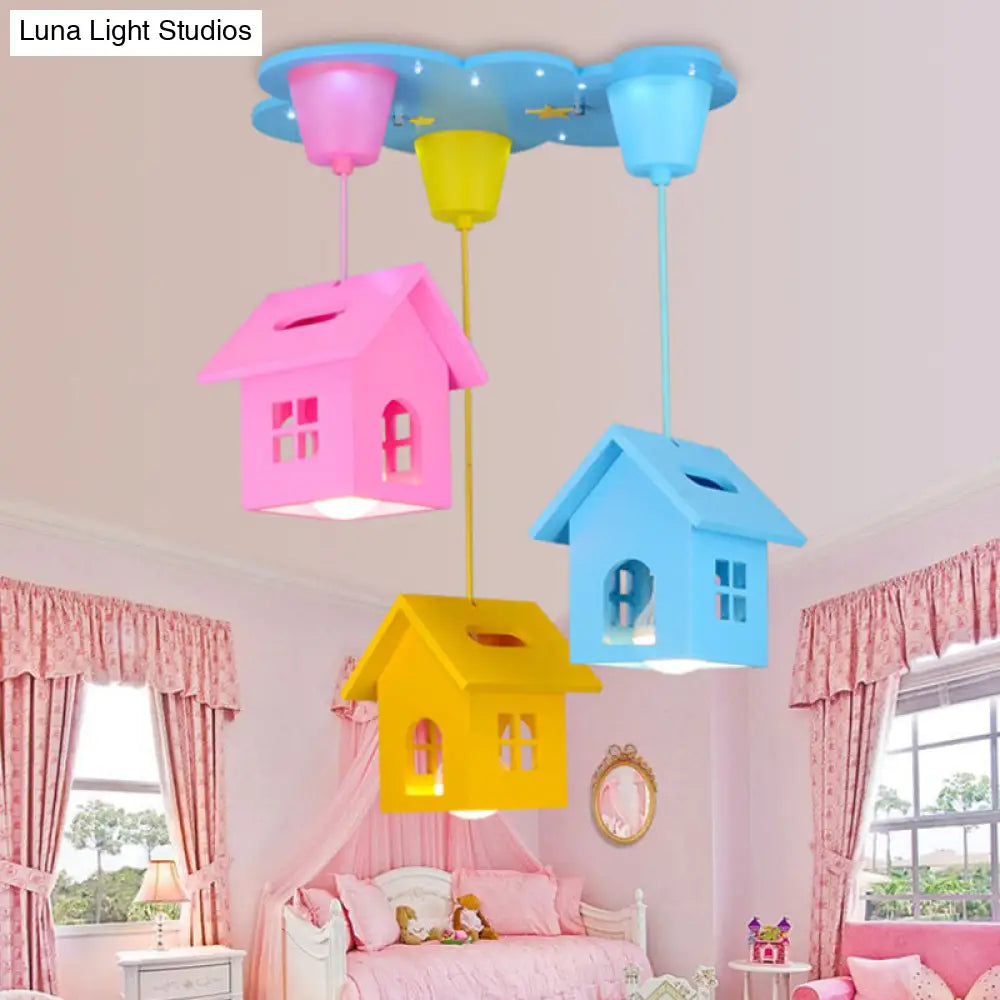 Kids Wooden House-Shaped Pendant Light - Blue With 3 Bulbs Nursery Lighting