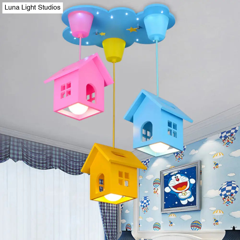 Kids Wooden House-Shaped Pendant Light - Blue With 3 Bulbs Nursery Lighting