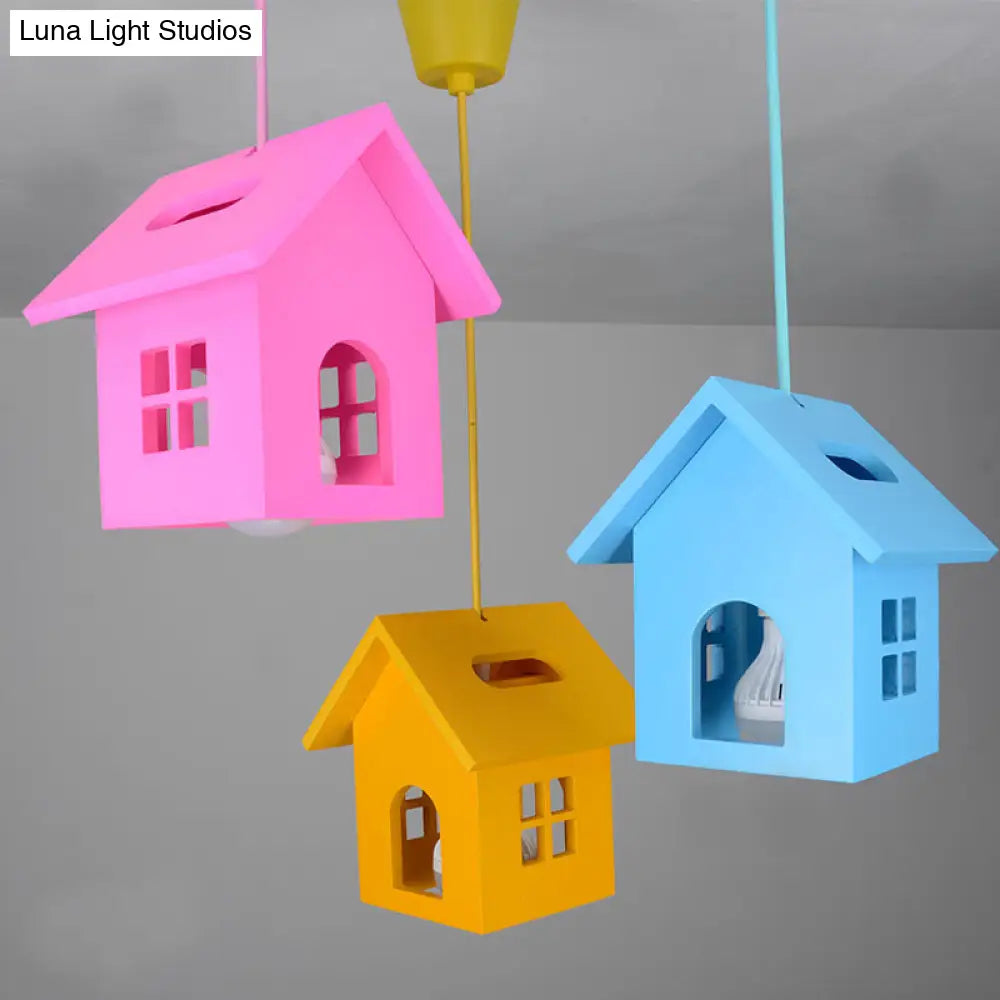 Kids Wooden House-Shaped Pendant Light - Blue With 3 Bulbs Nursery Lighting