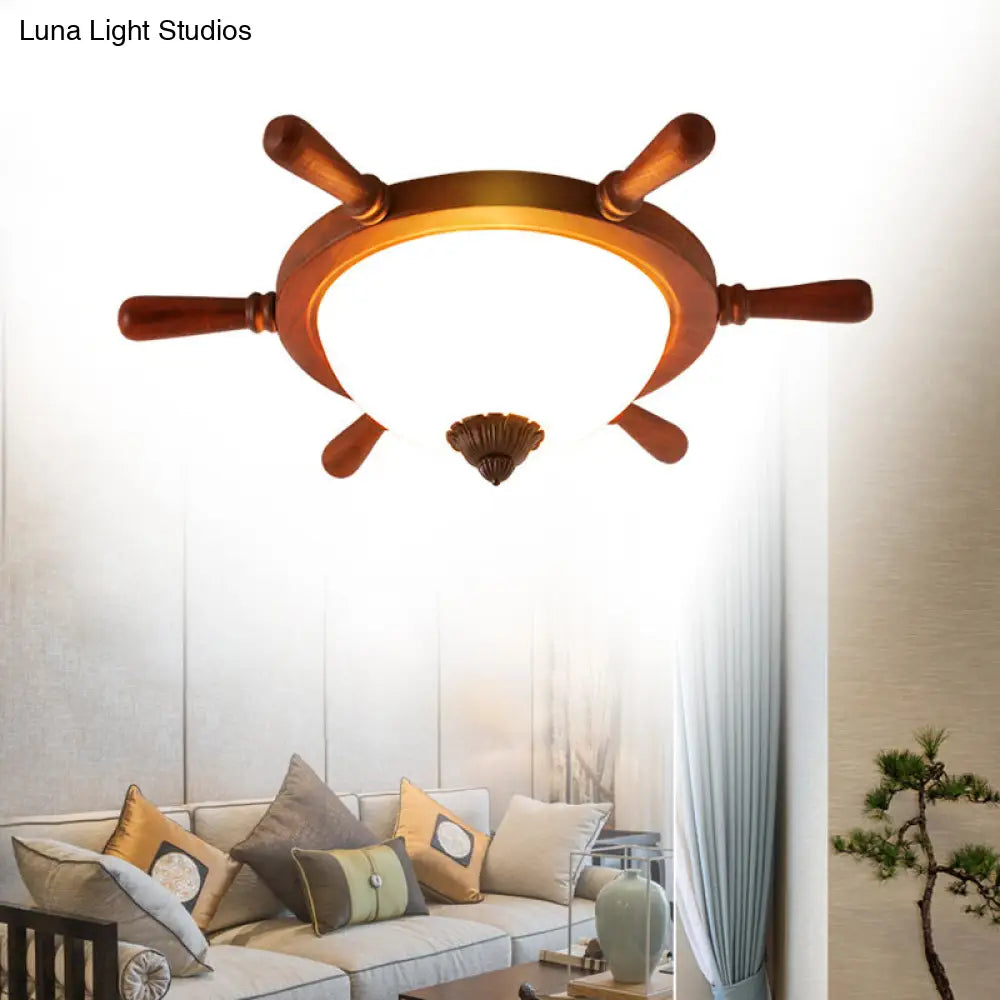 Kids Wooden Led Flush Ceiling Light - Rudder-Shaped Design For Kindergarten Brown / Small