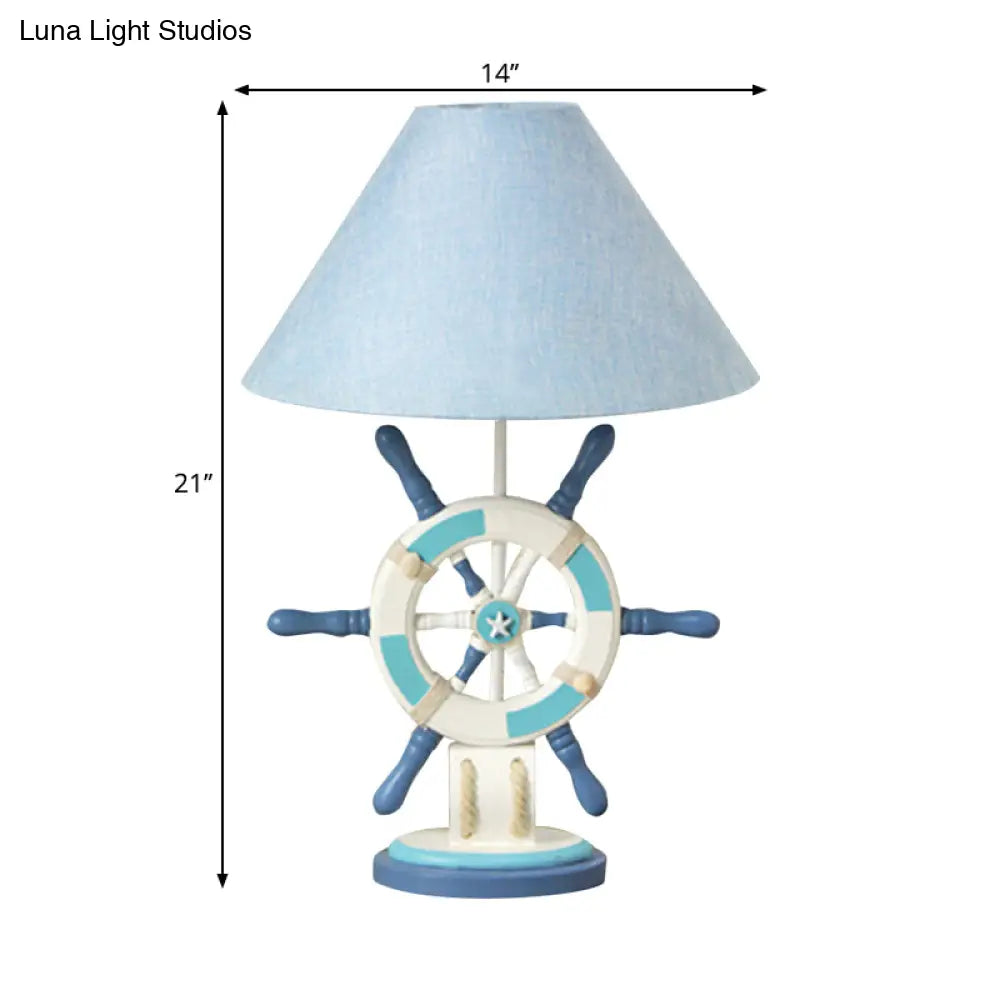 Kids Wooden Table Light - Lifebuoy/Rudder 5-Light Blue Nightstand Lamp With Conical Fabric Shade