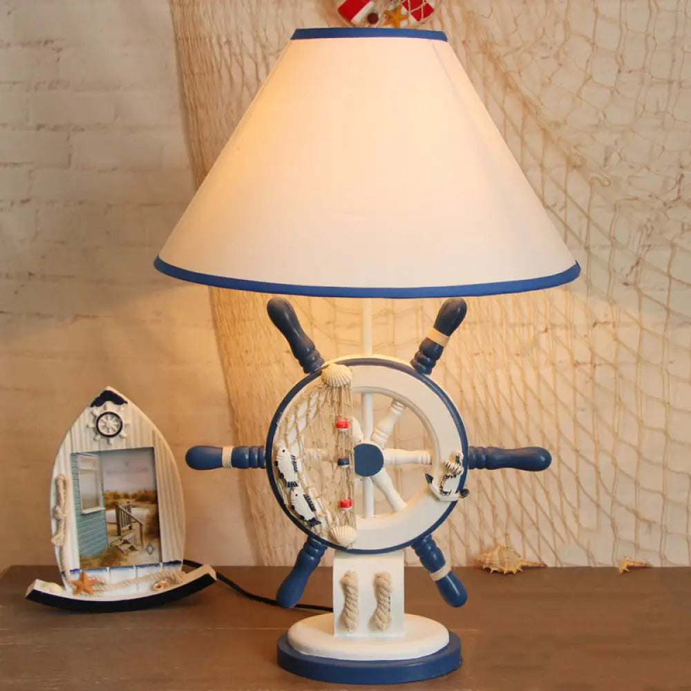 Kids Wooden Table Light - Lifebuoy/Rudder 5-Light Blue Nightstand Lamp With Conical Fabric Shade / A