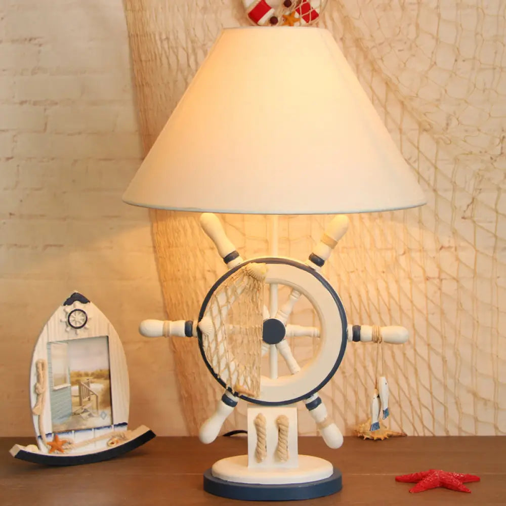 Kids Wooden Table Light - Lifebuoy/Rudder 5-Light Blue Nightstand Lamp With Conical Fabric Shade / B