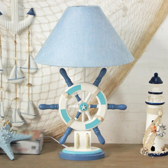 Kids Wooden Table Light - Lifebuoy/Rudder 5-Light Blue Nightstand Lamp With Conical Fabric Shade / E