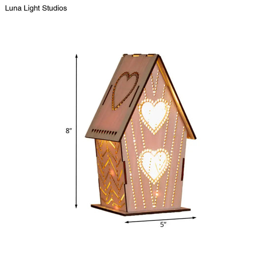 Kids Wooden Usb Led Table Night Light With Loving Heart/Star/Flower Pattern - Brown Lodge Small Size