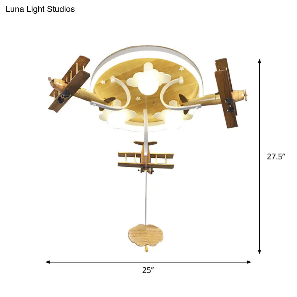 Kids Yellow Cloud & Plane 3-Light Wood Ceiling Flushmount With Pull Chain