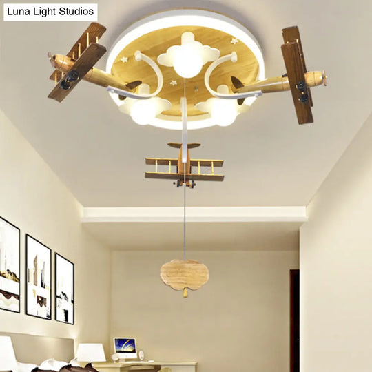 Kids Yellow Cloud & Plane 3-Light Wood Ceiling Flushmount With Pull Chain