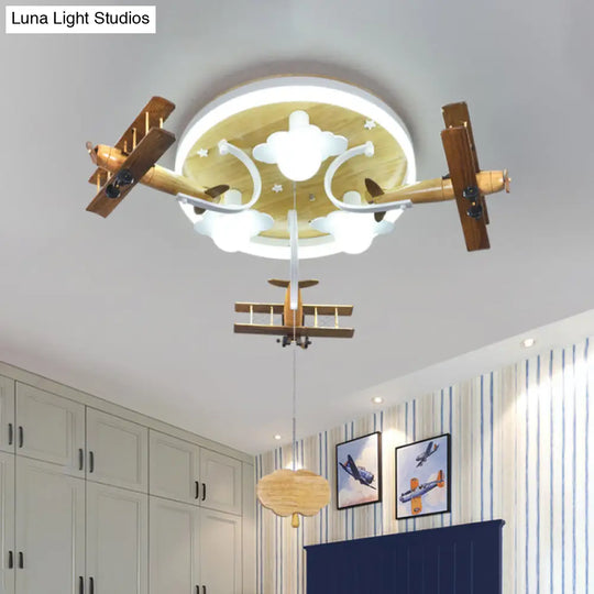 Kids Yellow Cloud & Plane 3-Light Wood Ceiling Flushmount With Pull Chain