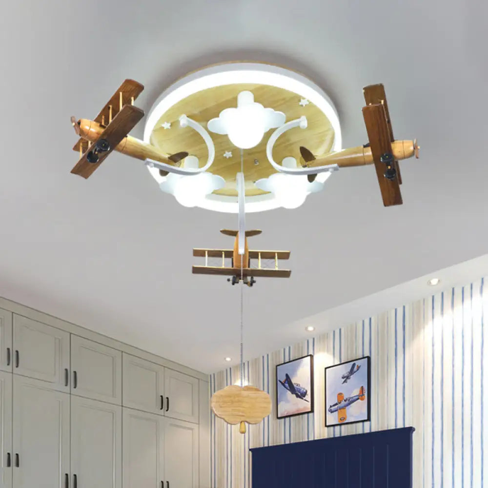 Kids’ Yellow Cloud & Plane 3 - Light Wood Ceiling Flushmount With Pull Chain