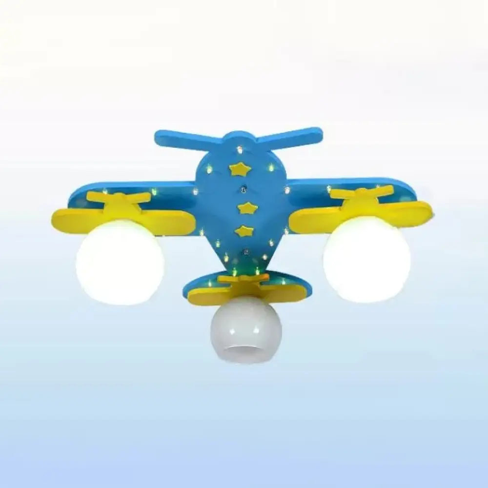Kindergarten Ceiling Light: Cartoon Wood Flush Mount Propeller Plane Fixture - Blue (3 Bulbs)
