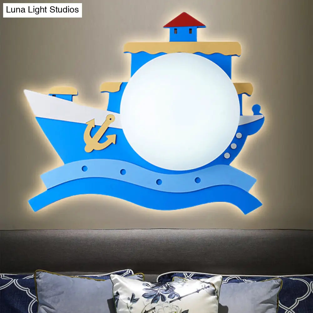 Kindergarten Nautical Ceiling Lamp - Wood Steamship Flush Mount Light Blue