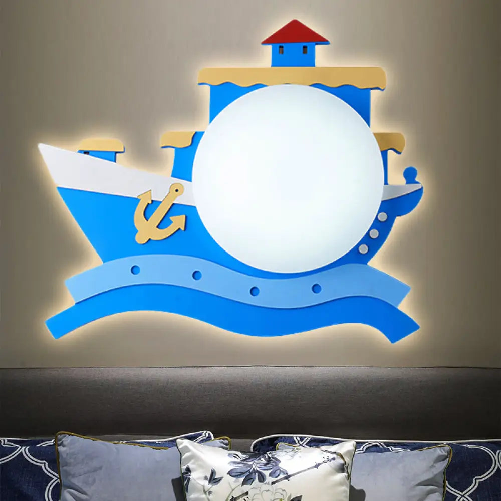 Kindergarten Nautical Ceiling Lamp - Wood Steamship Flush Mount Light Blue