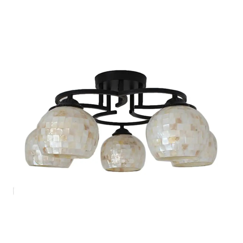 Kitchen Semi Flush Tiffany Beige/White Ceiling Light With Dome Shell Shade - 5 Lights White