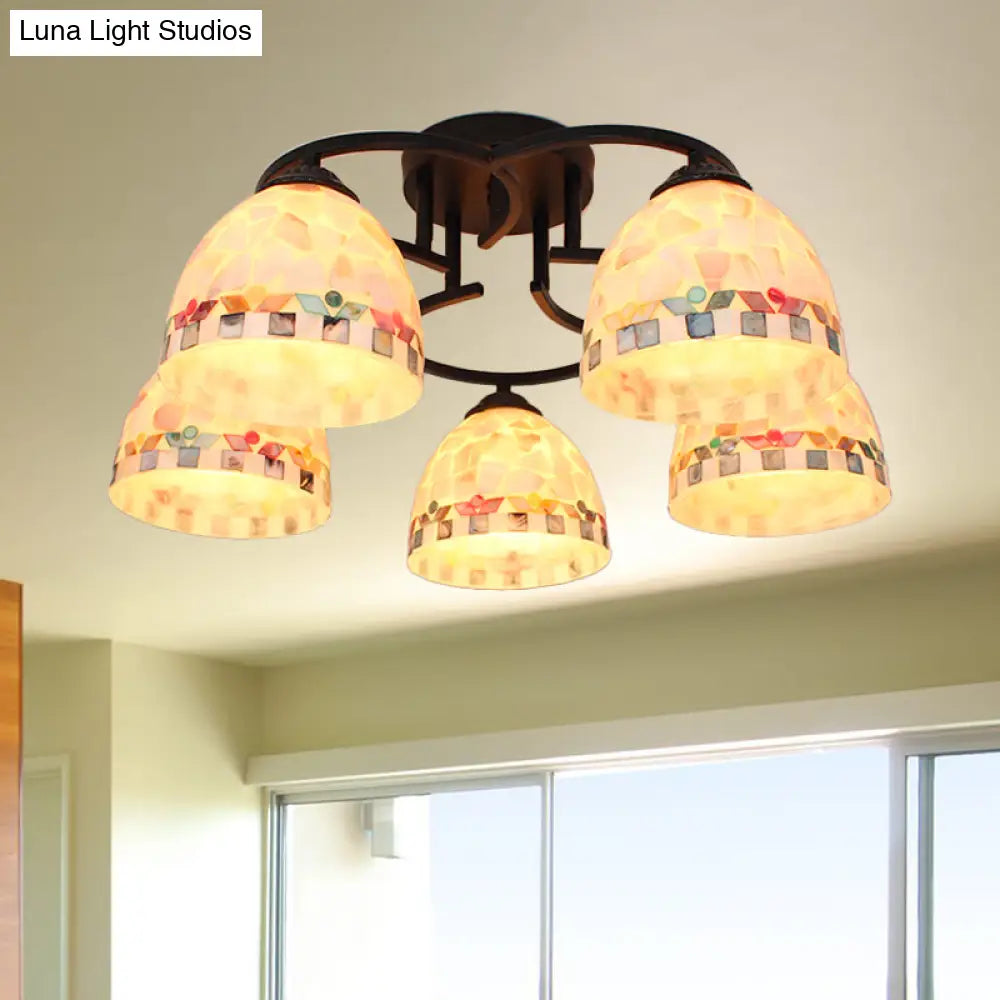 Kitchen Semi Flush Tiffany Beige/White Ceiling Light With Dome Shell Shade - 5 Lights