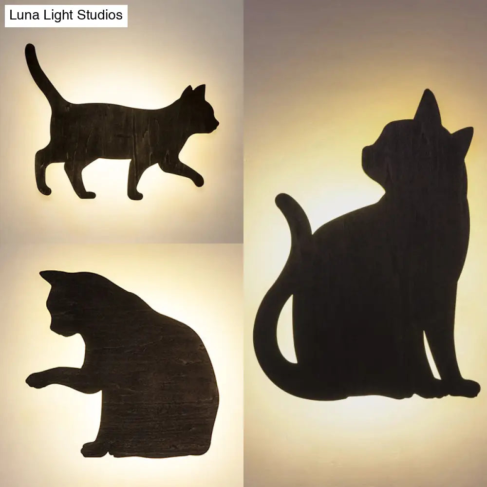 Kitten Kid Led Wall Sconce - Wood Animal Design Black Finish