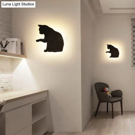 Kitten Kid Led Wall Sconce - Wood Animal Design Black Finish