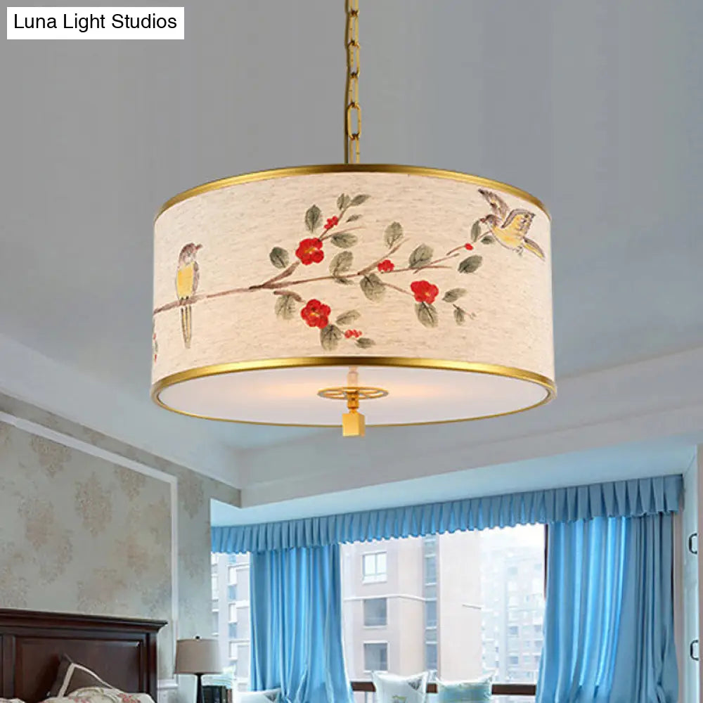 Korean Beige Fabric Drum Pendant Light With Bird And Branch Pattern