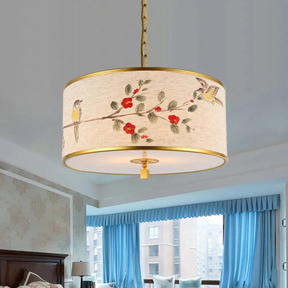 Korean Beige Fabric Drum Pendant Light With Bird And Branch Pattern