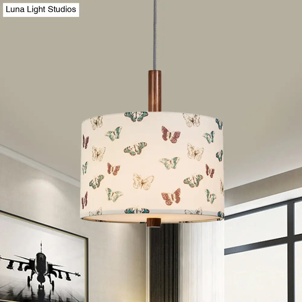 Korean Country Style Drum Fabric Hanging Pendant - White With Butterfly Pattern