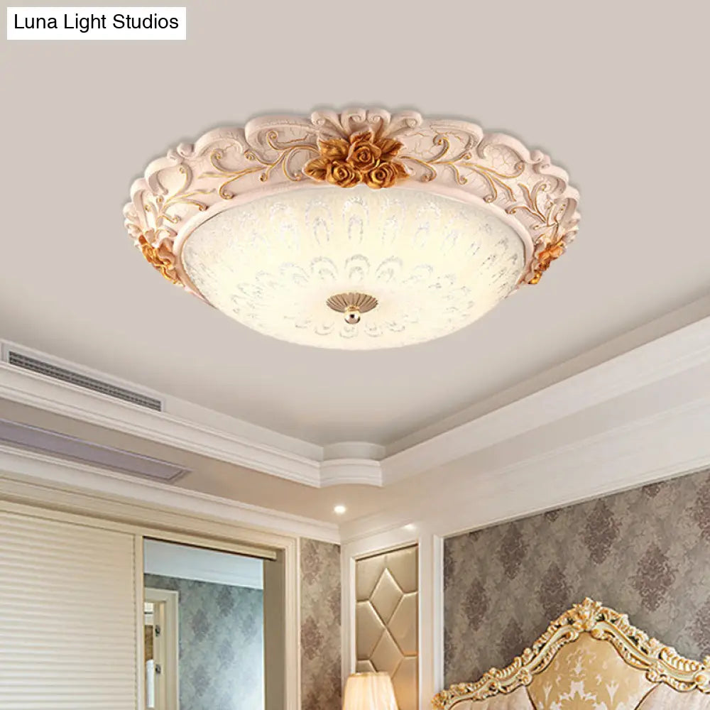 Korean Country Style Gold Led Flush Mounted Light With Seeded Glass Carved Flower Design - Available
