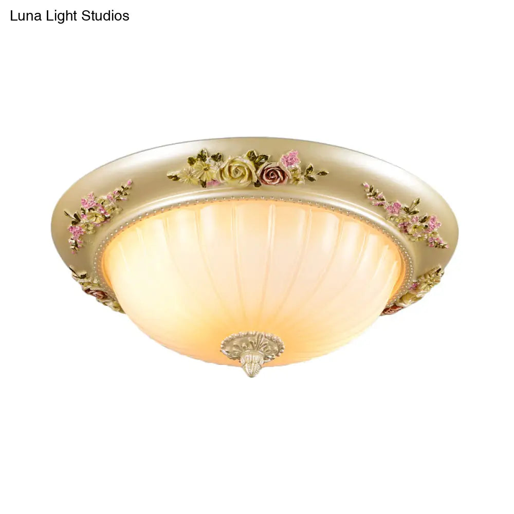 Korean Countryside Dome Flushmount Ceiling Light - 2 Heads Prismatic Glass Gold Finish Flower Decor