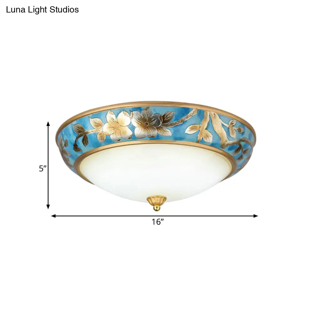 Korean Countryside Inspired Blue Flush Mounted Ceiling Light With Frosted Glass Dome And Flower