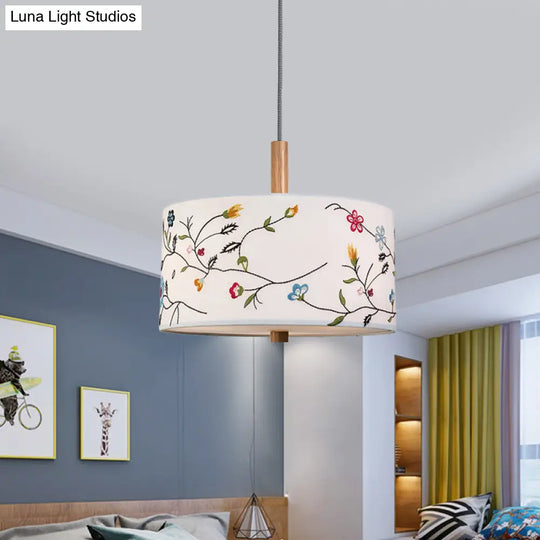 Korean Countryside Pendulum Light Drum Hanging Lamp With Embroidery Design - Fabric White 1 Head Kit