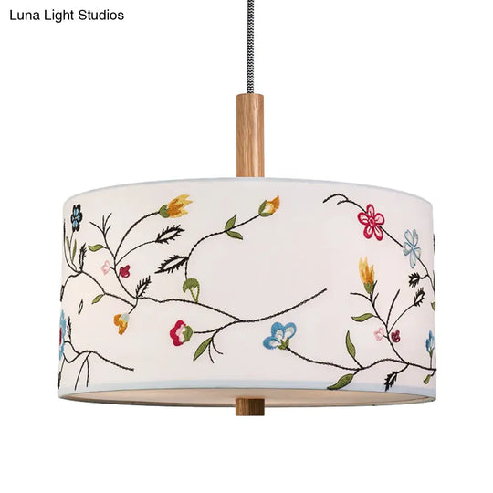 Korean Countryside Pendulum Light Drum Hanging Lamp With Embroidery Design - Fabric White 1 Head Kit