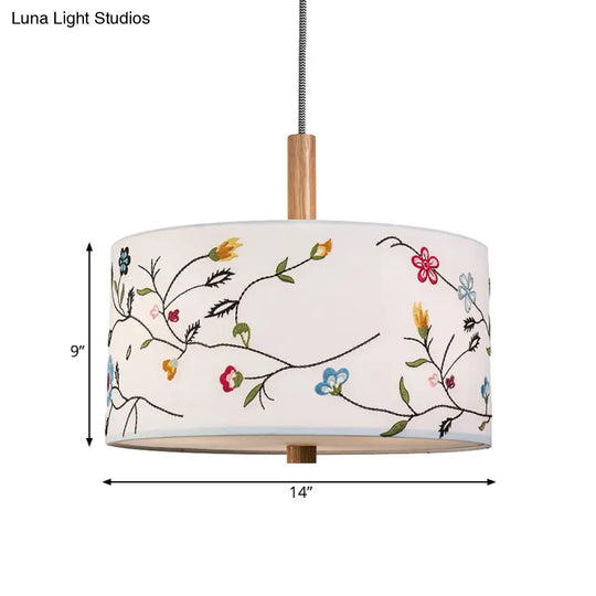 Korean Countryside Pendulum Light Drum Hanging Lamp With Embroidery Design - Fabric White 1 Head Kit