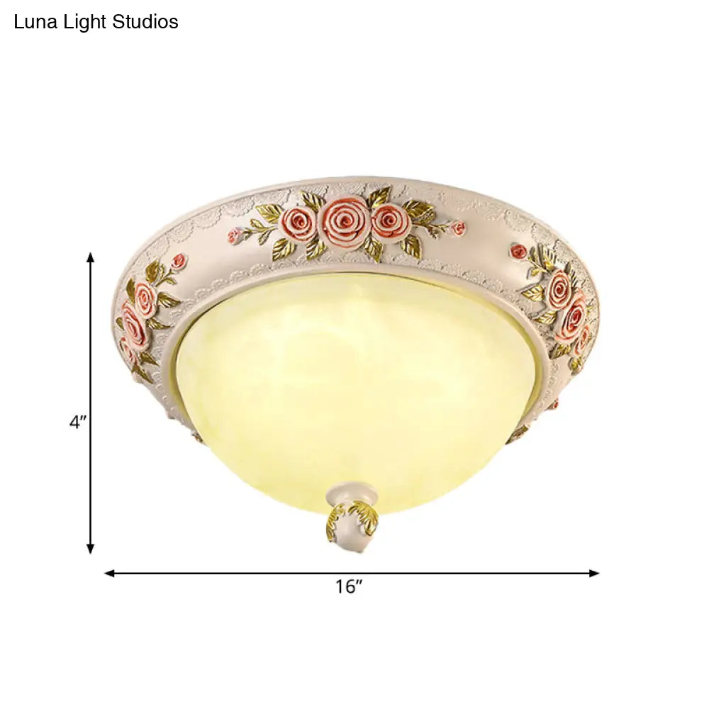 Korean Countryside Style Domed Flush Lamp With Carved Flower Deco - White Glass Led Flushmount