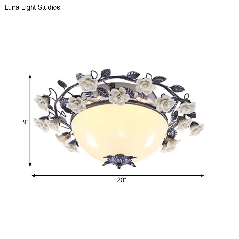 Korean Flower Bowl Led Ceiling Light For Living Room - White Glass Flush Mount Spotlight (20/25