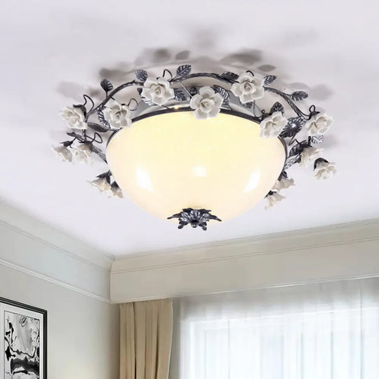 Korean Flower Bowl Led Ceiling Light For Living Room - White Glass Flush Mount Spotlight