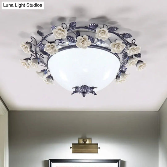 Korean Flower Bowl Led Ceiling Light For Living Room - White Glass Flush Mount Spotlight (20/25