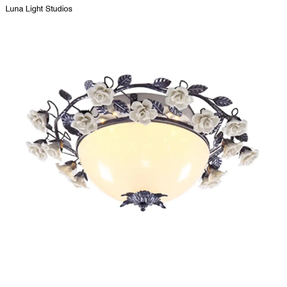 Korean Flower Bowl Led Ceiling Light For Living Room - White Glass Flush Mount Spotlight