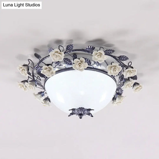 Korean Flower Bowl Led Ceiling Light For Living Room - White Glass Flush Mount Spotlight