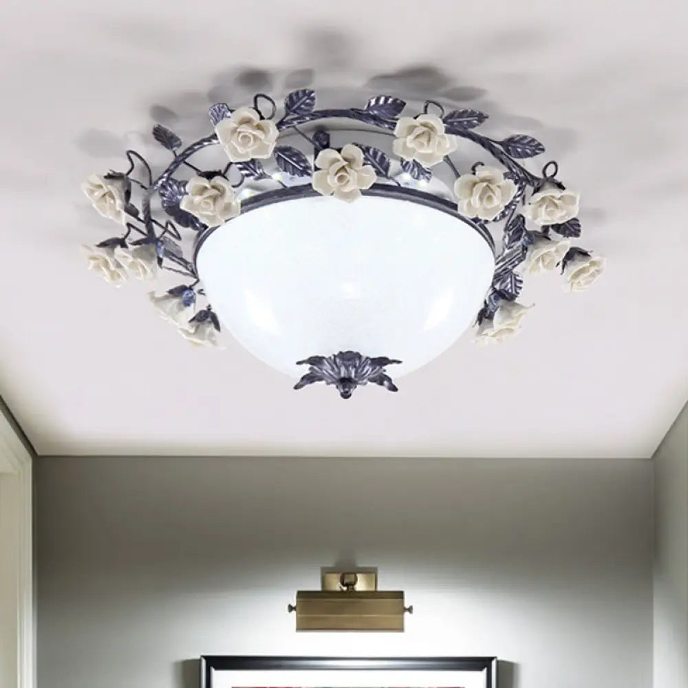 Korean Flower Bowl Led Ceiling Light For Living Room - White Glass Flush Mount Spotlight