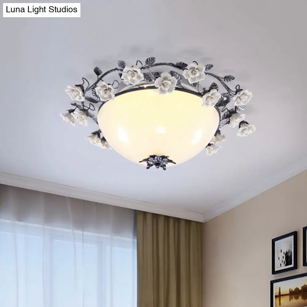 Korean Flower Bowl Led Ceiling Light For Living Room - White Glass Flush Mount Spotlight