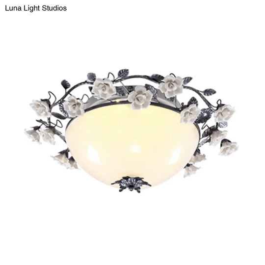 Korean Flower Bowl Led Ceiling Light For Living Room - White Glass Flush Mount Spotlight