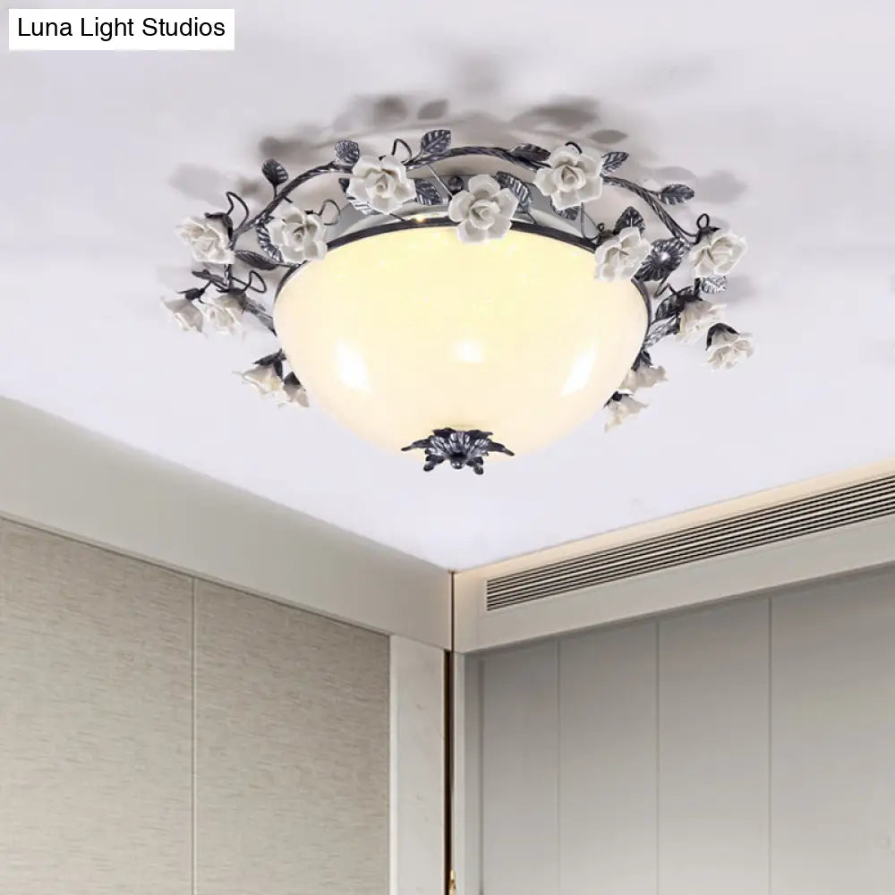 Korean Flower Bowl Led Ceiling Light For Living Room - White Glass Flush Mount Spotlight