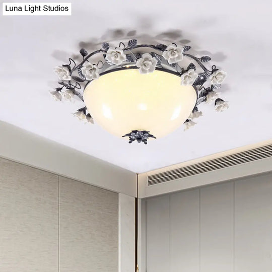 Korean Flower Bowl Led Ceiling Light For Living Room - White Glass Flush Mount Spotlight
