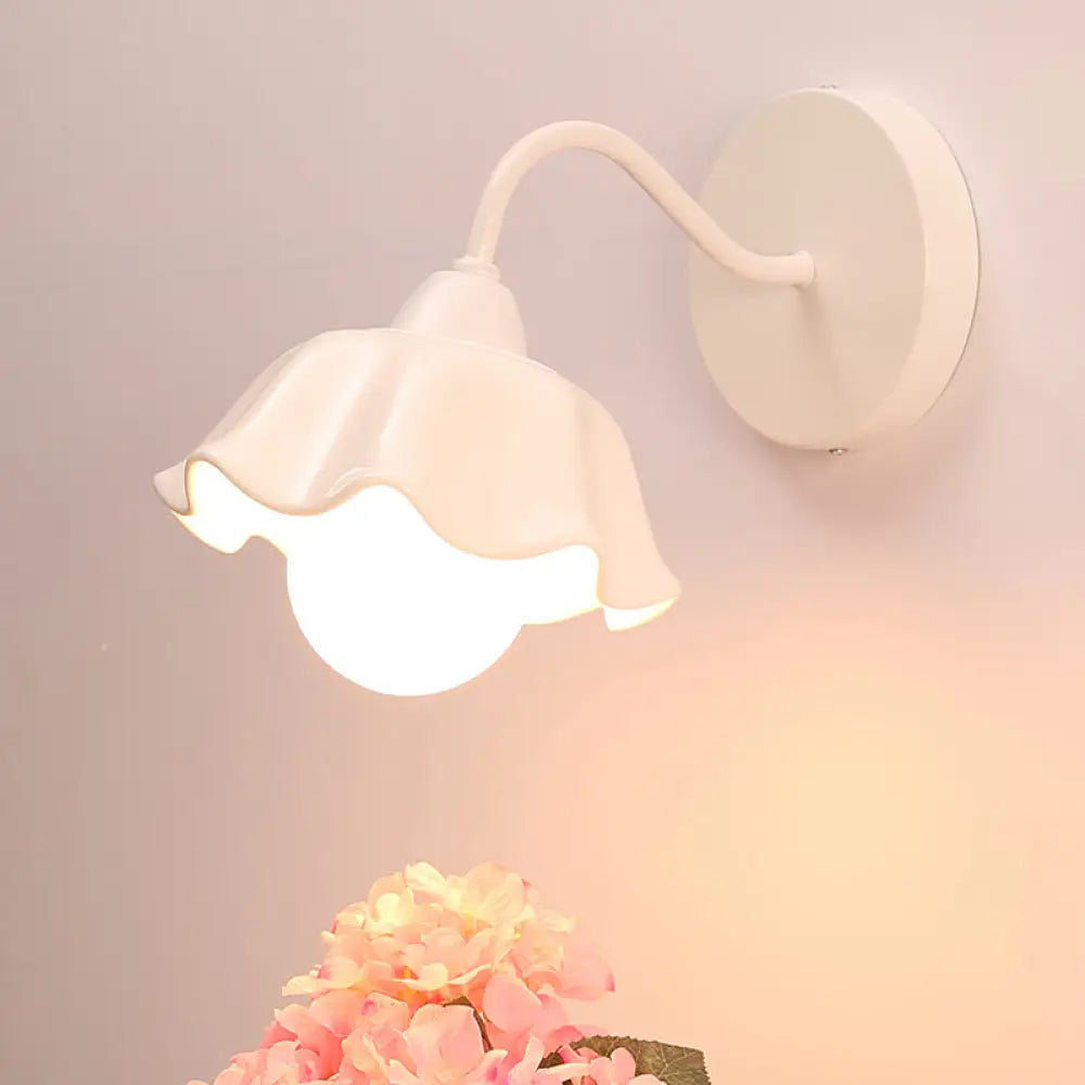 Korean Flower Ceramic Ruffled Wall Sconce Light - 1-Light Bedroom Fixture White