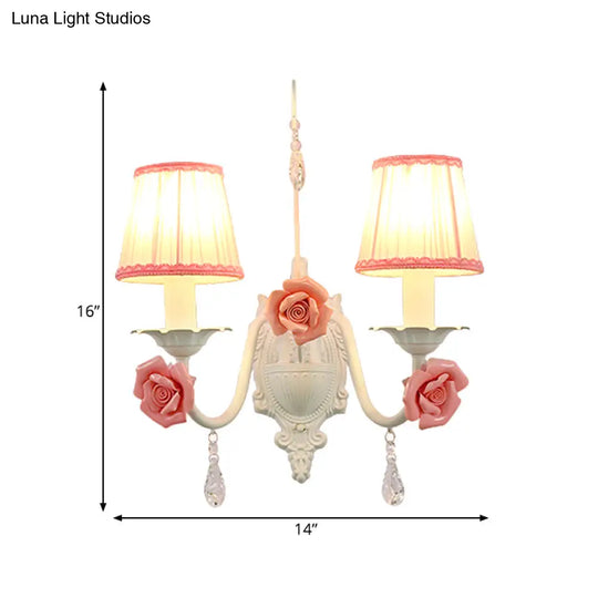 Korean Flower Fabric Sconce Light With Crystal Drop - White Pleated Shade For Living Room Wall